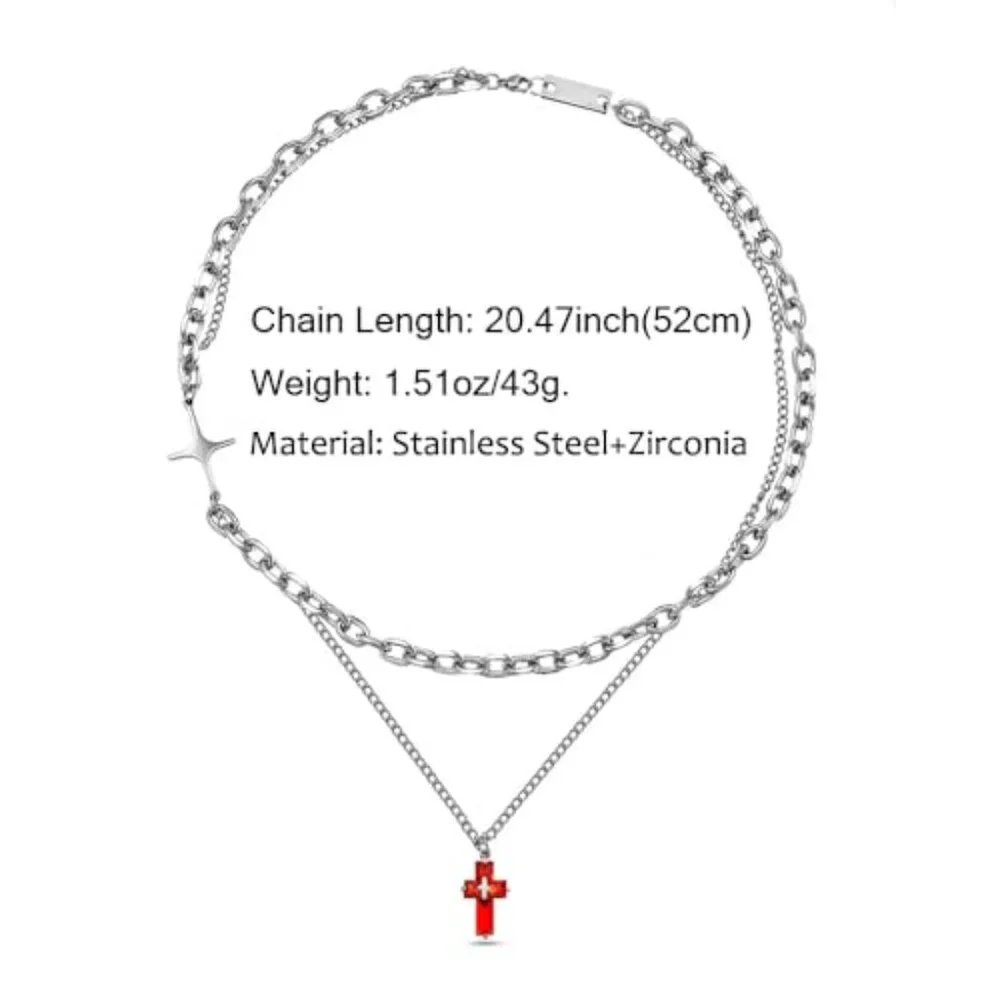 Gothic Cross Necklace Stainless Steel Y2K Layered Paper Clip Chain Pendant - Picture 7 of 8